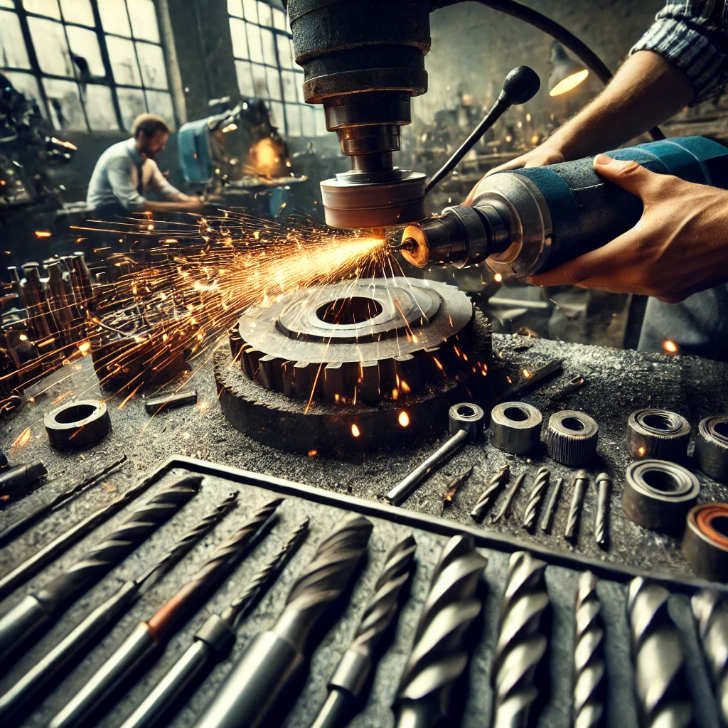 DALL·E 2024-10-17 12.55.45 - A workshop setting focused on regrinding and tool reconditioning, featuring a technician operating a grinding machine. The technician is reshaping a w