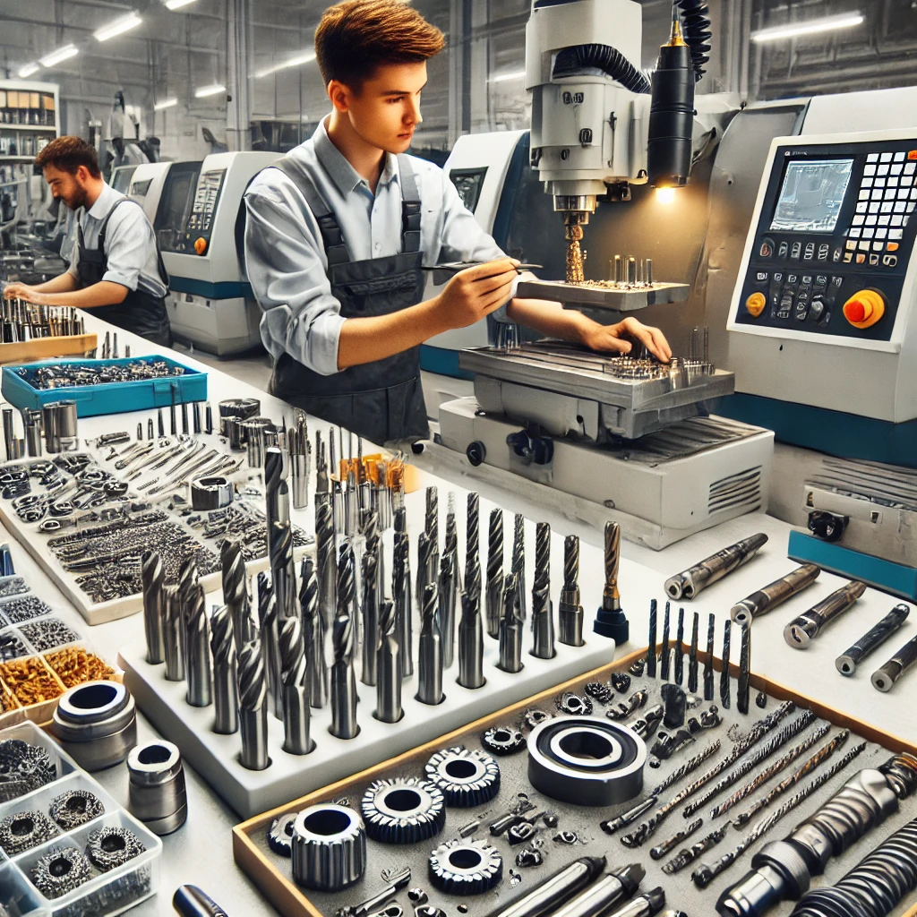 DALL·E 2024-10-17 12.55.50 - A high-tech workshop focused on cutting tool services, featuring a variety of tools like end mills, drills, and inserts being inspected, sharpened, an