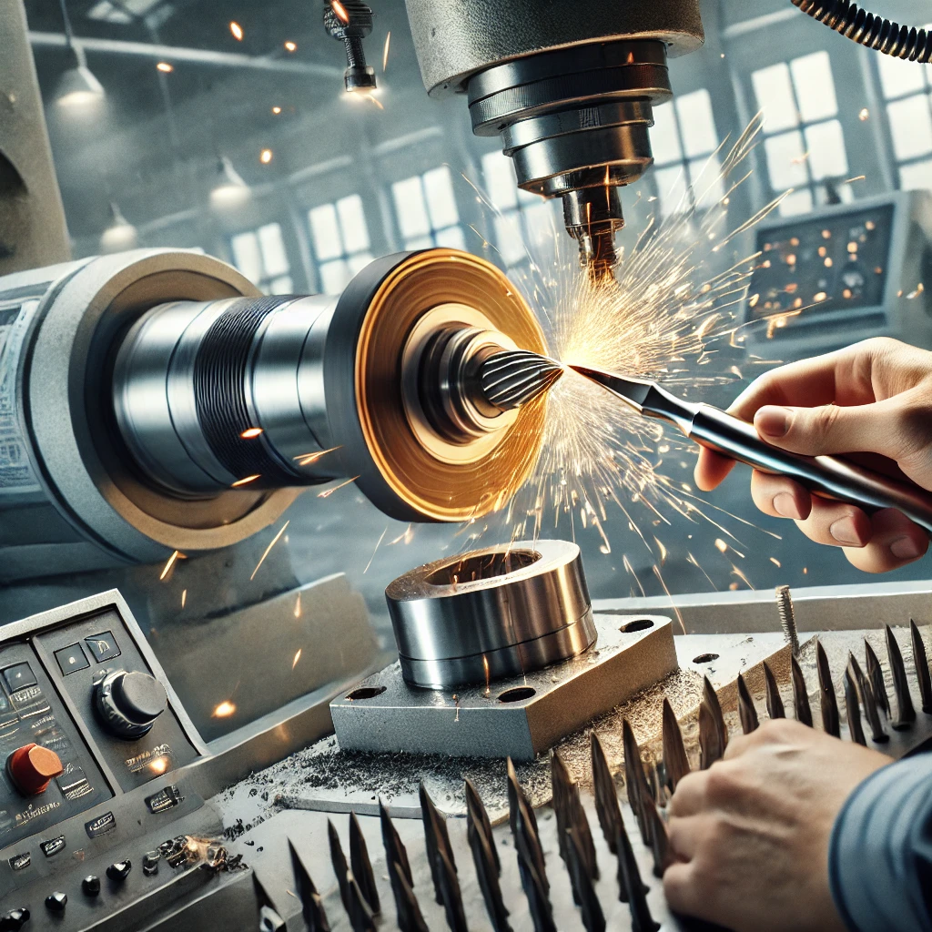 DALL·E 2024-10-17 13.31.39 - A highly detailed image of precision tool grinding in a manufacturing environment. The scene shows a custom carbide tool being carefully ground on a h