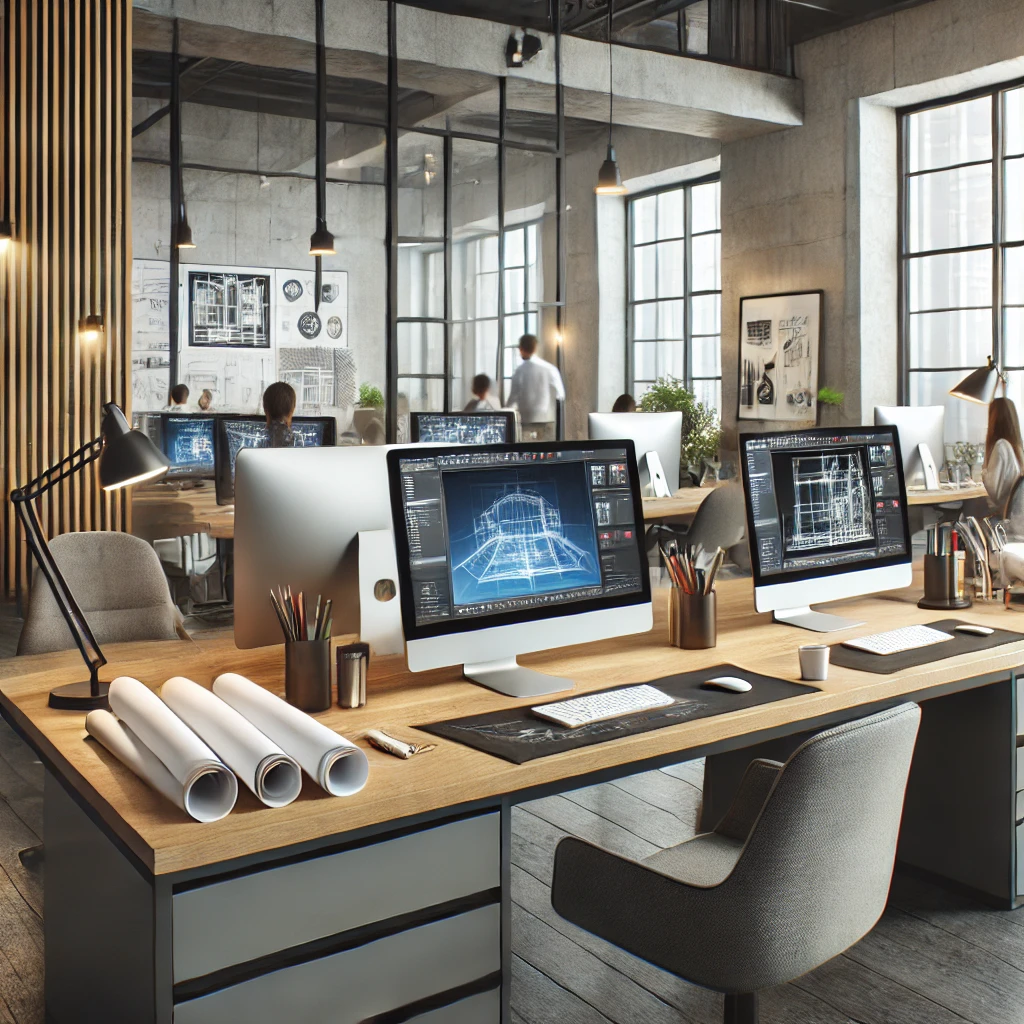 DALL·E 2024-10-17 14.56.08 - A modern and sleek design studio workspace with digital tools for designing, including computers with CAD software, 3D rendering screens, blueprints,