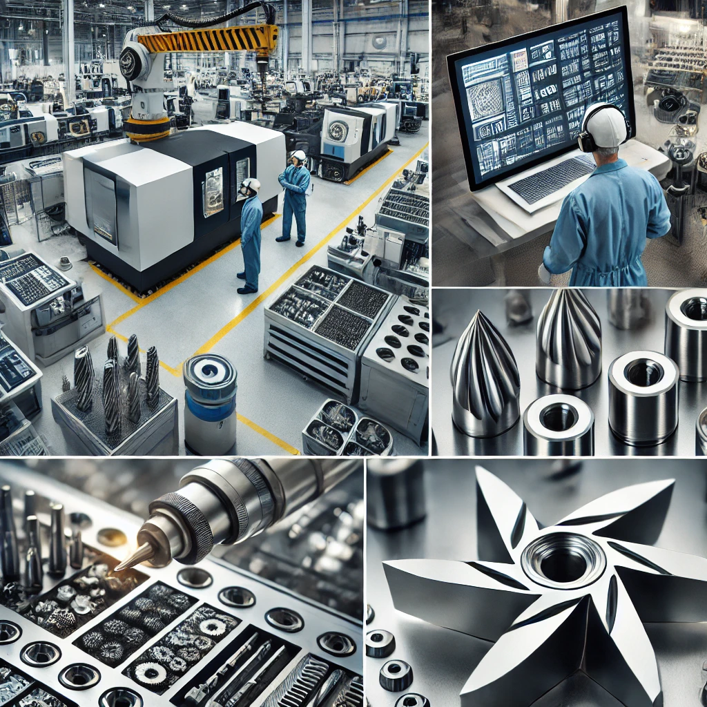 DALL·E 2024-10-17 14.58.17 - A modern manufacturing facility specializing in custom carbide tool design and production. The facility includes precision CNC machines, grinding tool